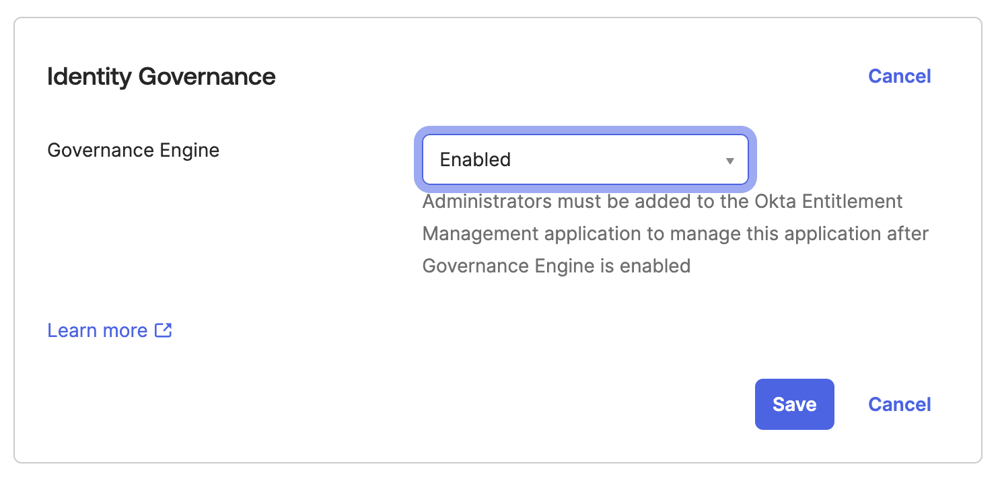 OktaでIdentity GovernanceのGovernance Engineを有効にしています。