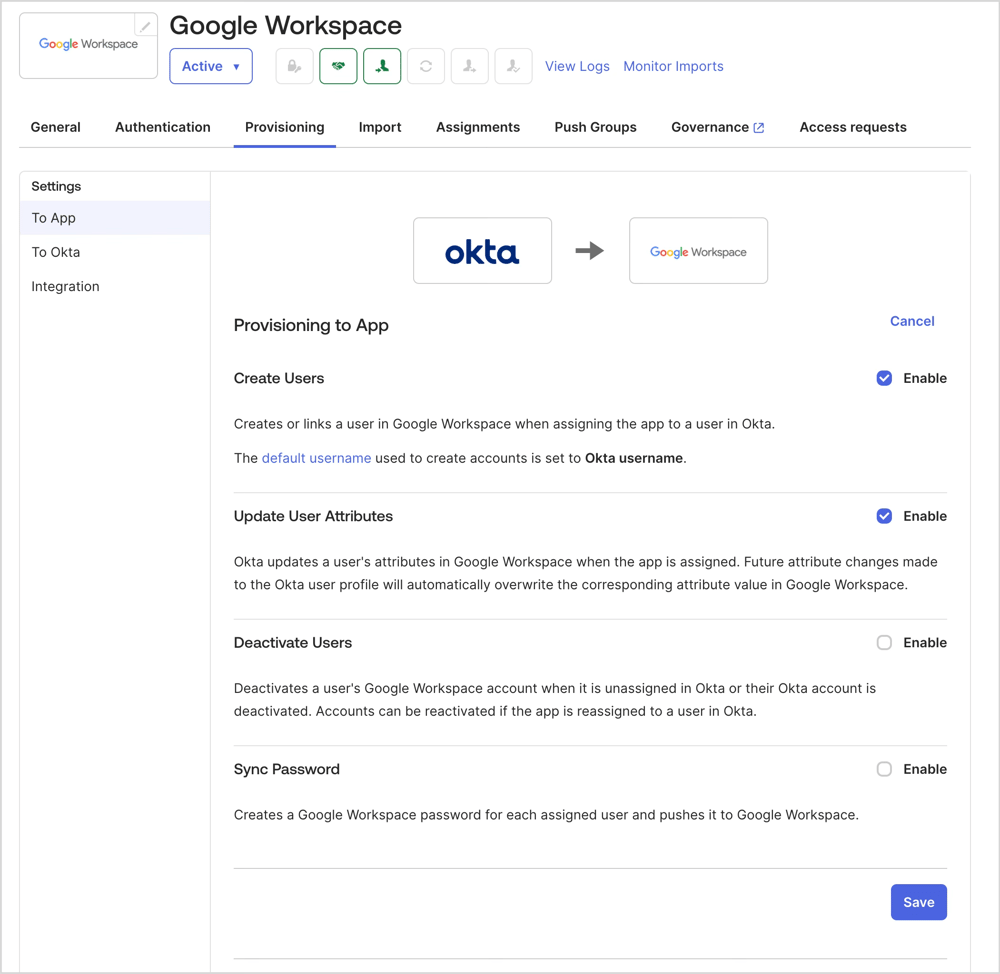 プロビジョニング設定でCreate UsersとUpdate User Attributesを有効にしています。