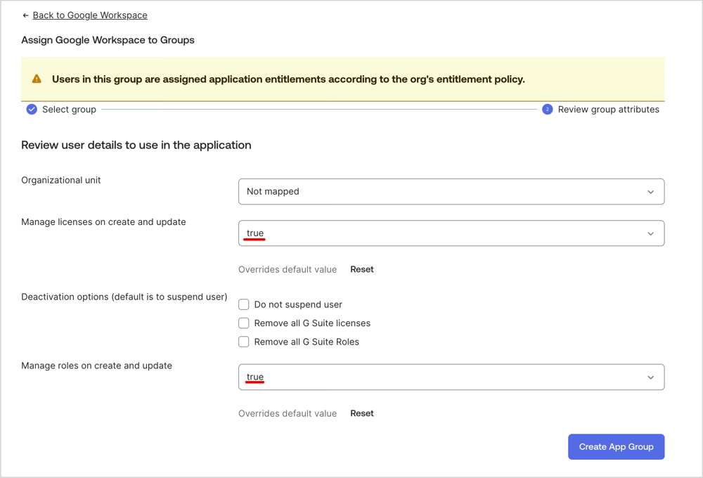 Manage roles on create and updateとManage licenses on create and updateをtrueとしています。