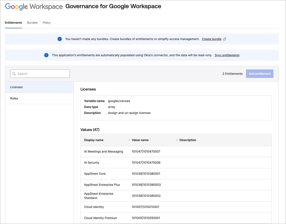Governanceタブを開くと、Entitlementタブ、Bundlesタブ、Policyタブが表示されています。