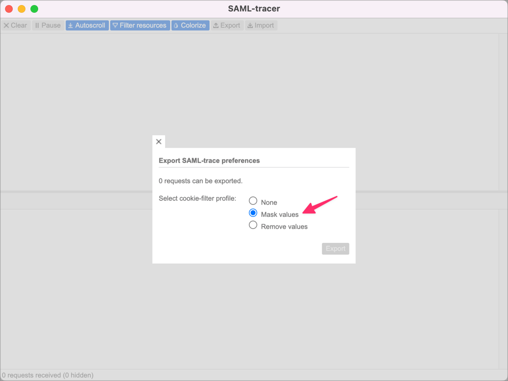 SAML-TracerでExportボタンをクリックした画面です。