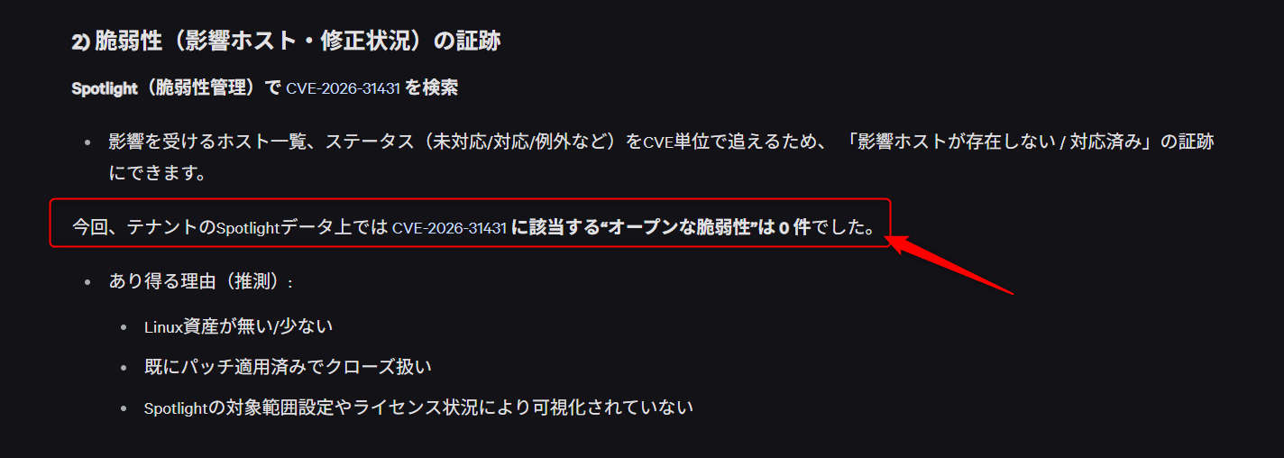 Spotlightデータ上では CVE-2026-31431 に該当するオープンな脆弱性は 0 件