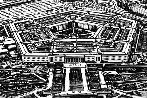 米国国防総省の本庁舎であるペンタゴン（五角形の建物）の空撮イラスト。世界最大級の軍事組織とその強固な防衛体制を象徴するイメージ。