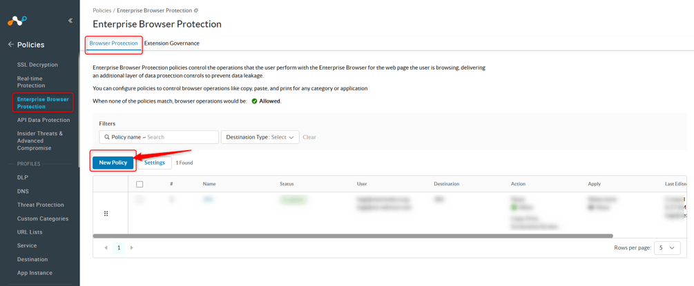 Policies > Enterprise Browser Protection > New Policy よりポリシーを作成画面