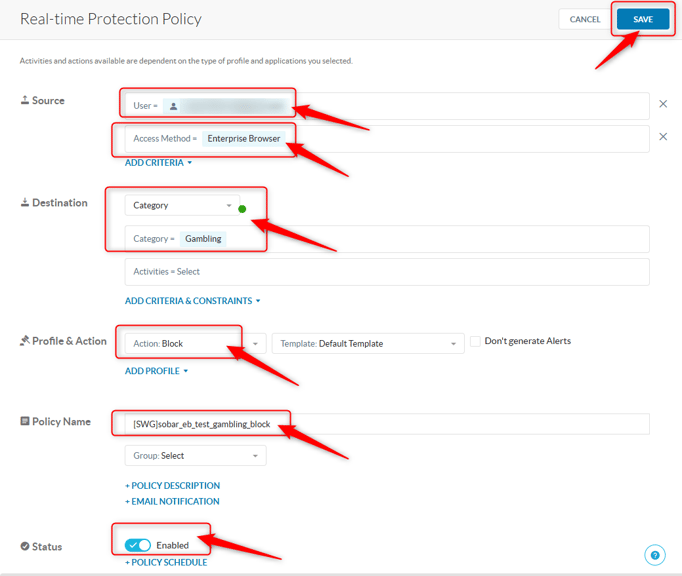 Real-time Protection Policy 画面での入力内容