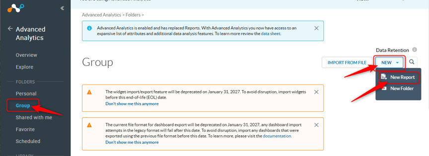 Advanced Analytics > Group > NEW >&nbsp; New Report&nbsp;より作成