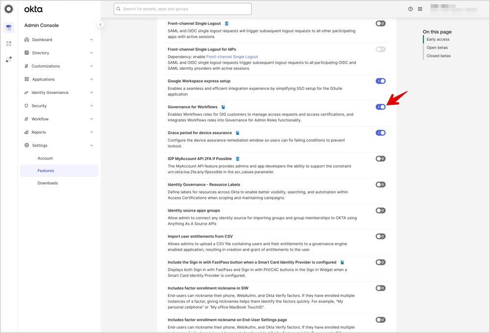 Okta管理コンソールでEA機能を有効化している画面です。