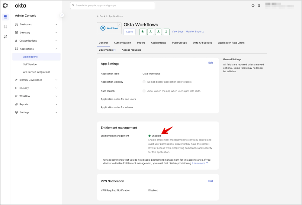 Entitlement managementを有効化している画面です。