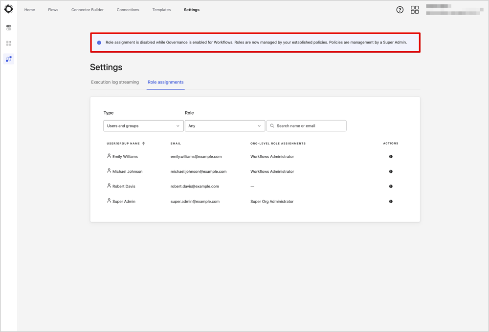 Okta Workflowsコンソール画面で権限が設定できない状態の画面です。