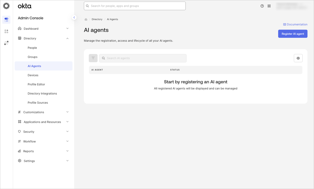 Okta Admin Console の AI Agents 一覧で「Register AI agent」を選択する画面。自作 AI エージェントの登録を開始する場所を示しています。