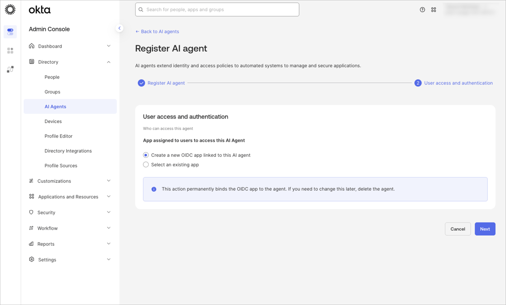 AI エージェント「Agent SSO」の User access 設定で、新しい OIDC アプリを連動して作成する選択肢を指定する画面です。