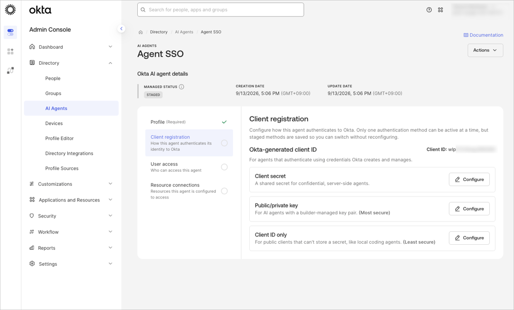 Client registration で Public/private key を選択し、AI エージェントのクライアント認証方式を設定する画面です。