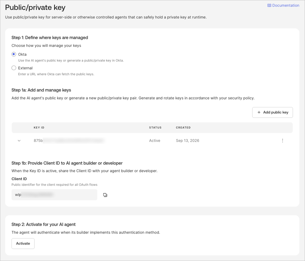 鍵管理を Okta に指定し、Add public key と Generate new key から公開鍵と秘密鍵を生成する画面です。