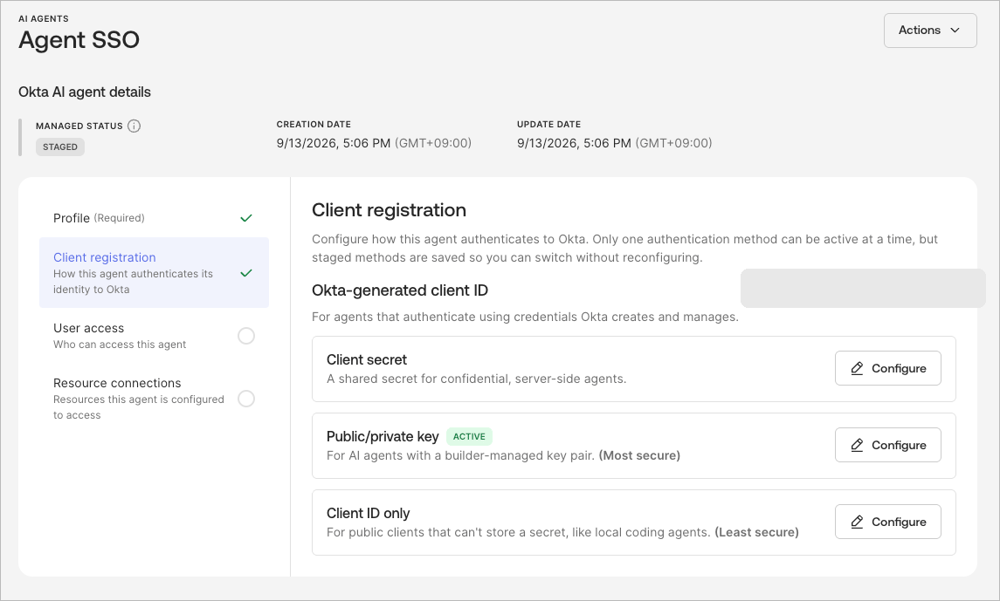 AI エージェント「Agent SSO」の Client registration が完了し、ACTIVE にして登録を有効化する画面です。