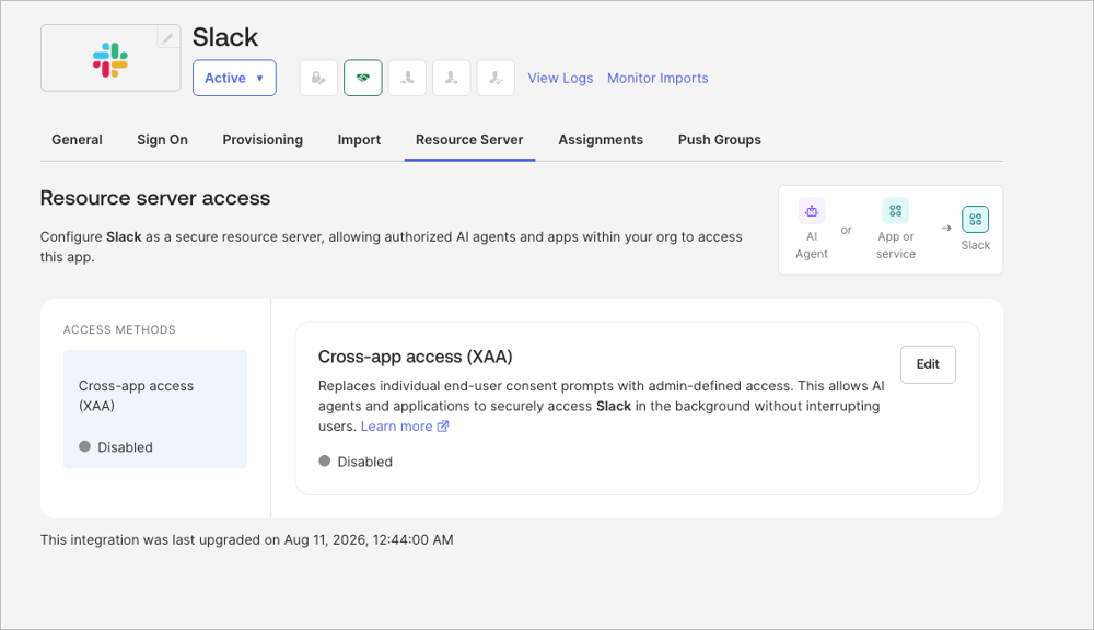 Okta Admin Console の Slack アプリ統合で Resource server タブを開き、AI エージェントからの接続方式を設定する画面です。