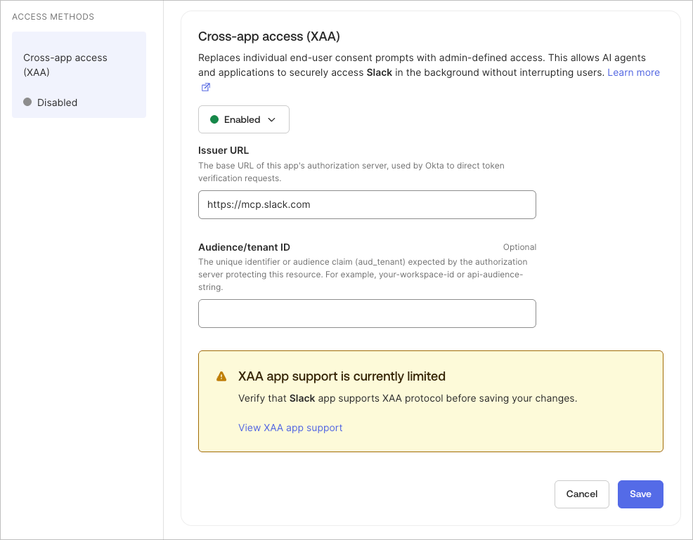Slack アプリ統合の Resource server で Cross App Access(XAA)を選択し、AI エージェントからの接続を有効化する画面です。
