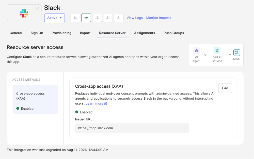 Slack アプリ統合の Resource server で、利用可能な ACCESS METHODS として XAA のみが表示された画面です。