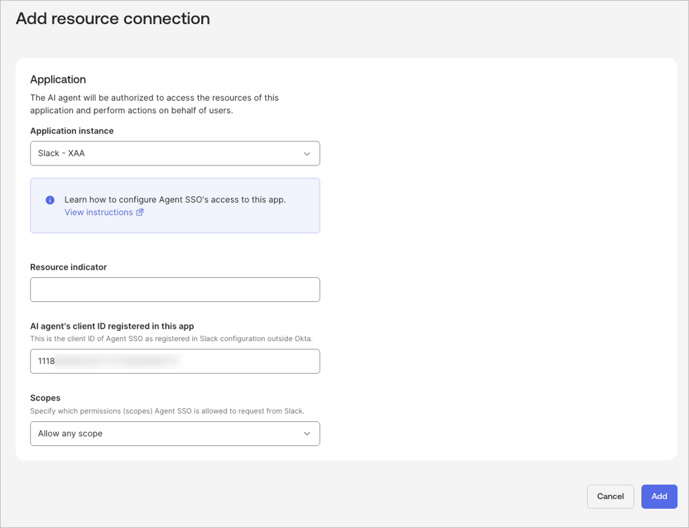 AI エージェント「Agent SSO」に Slack - XAA の Resource connection を追加し、Slack アプリの Client ID と許可スコープを設定する画面です。