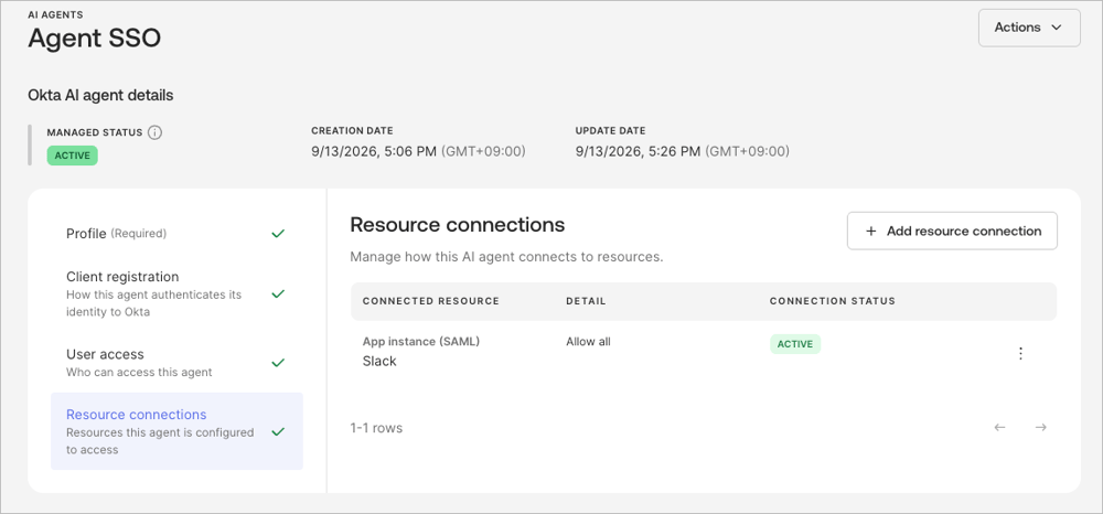 AI エージェント「Agent SSO」の Profile、Client registration、User access、Resource connections がすべて完了した画面です。