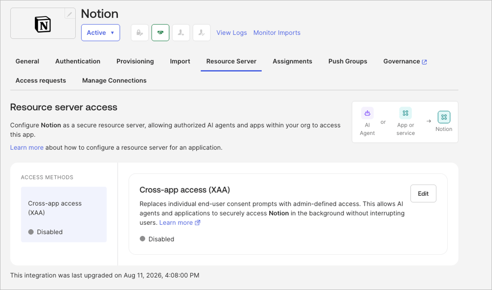 Okta Admin Console の Notion アプリ統合で Resource server タブから Cross App Access を編集する画面