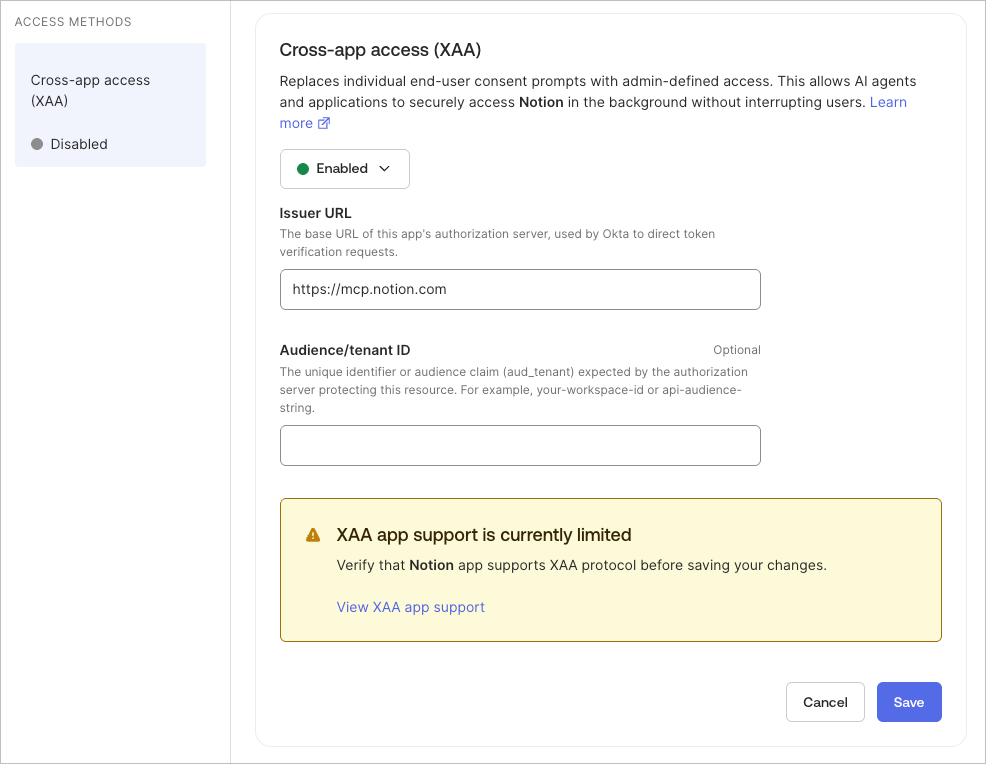 Okta の Cross App Access 設定で Issuer URL に Notion MCP の URL を入力する画面