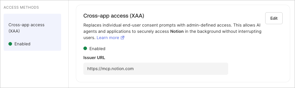 Okta の Notion Resource server で Cross App Access が Enabled になっていることを示す画面