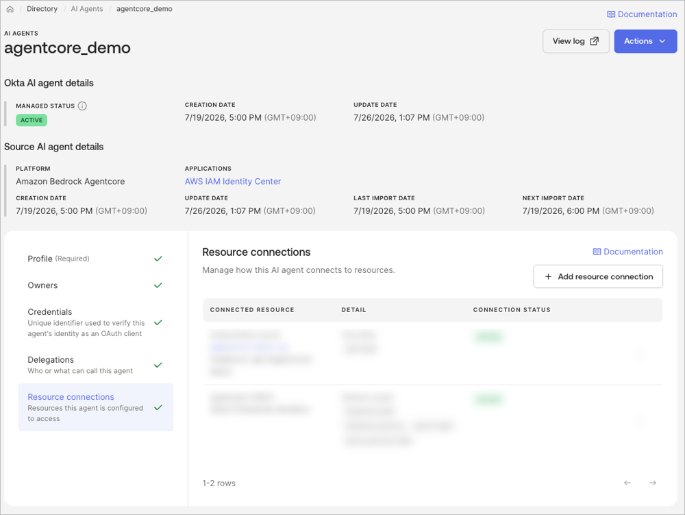 Okta Admin Console の AI Agent 詳細で Resource connections を確認する画面