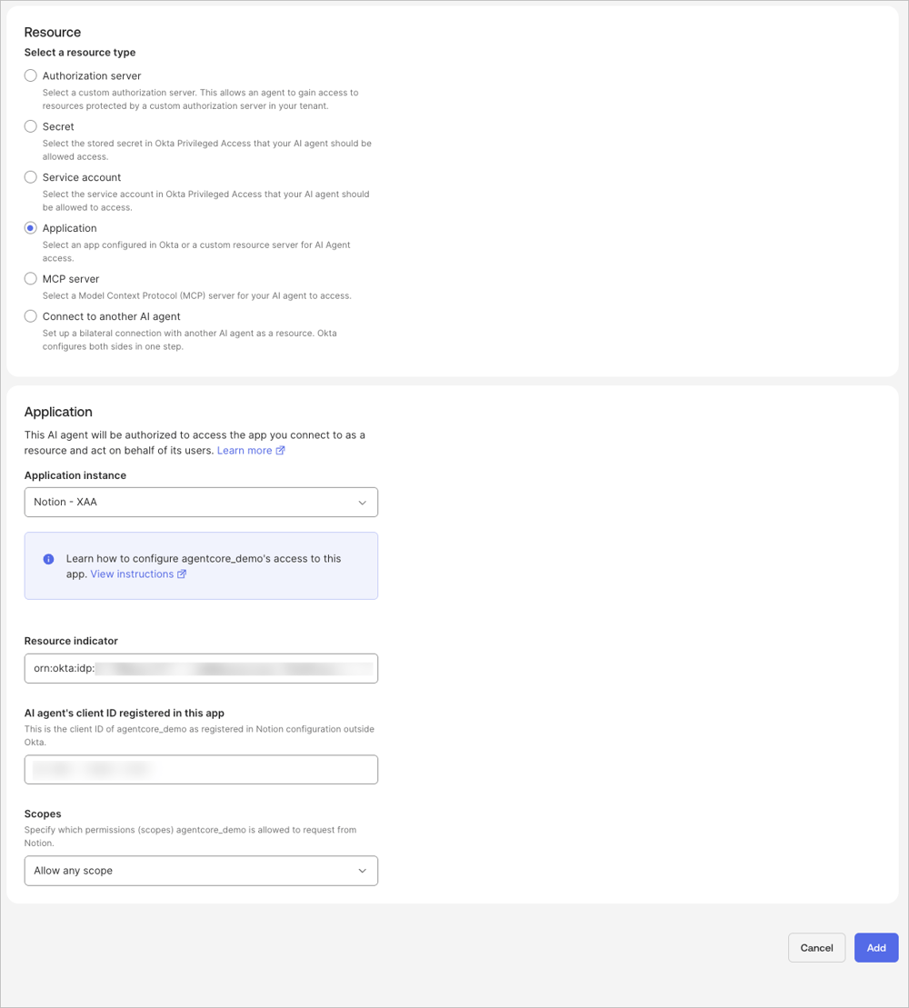 Okta の Resource connection 追加画面で Notion アプリと Notion 側 OAuth クライアント ID を設定する画面