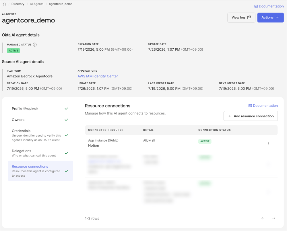 Okta の AI Agent Resource connections に Notion が Application として追加された状態を示す画面