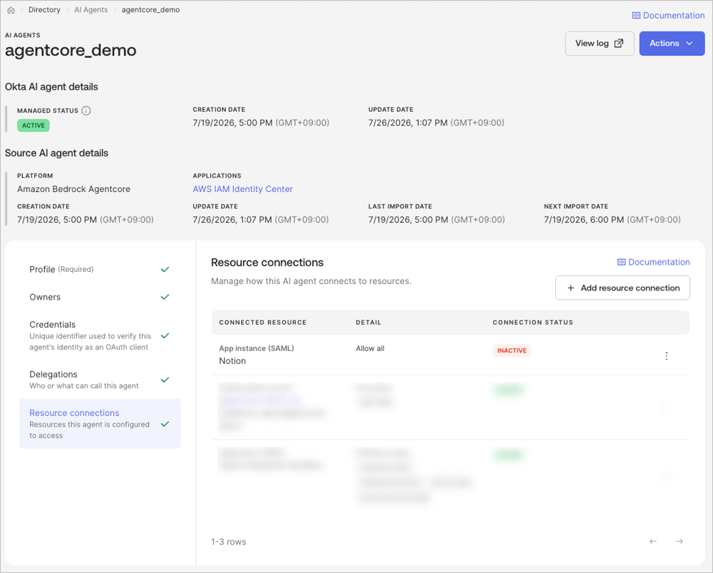 Okta の Notion Resource connection を INACTIVE に切り替えて接続を無効化する操作画面