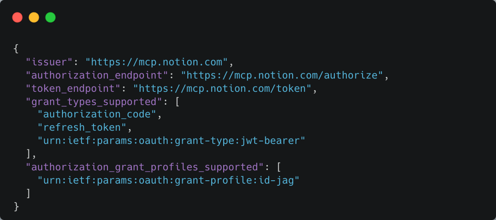Notion MCP の認可サーバ metadata で、jwt-bearer と ID-JAG に対応していることを確認する画面