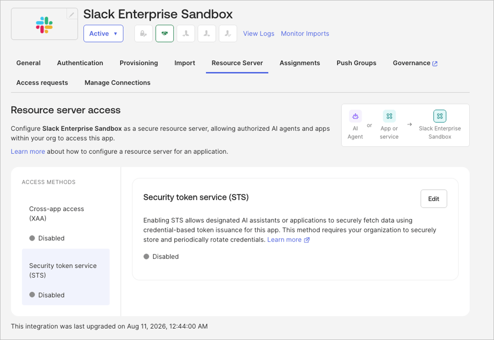 Okta Admin Console の Resource server タブで、Security token service(STS)の設定を編集する画面