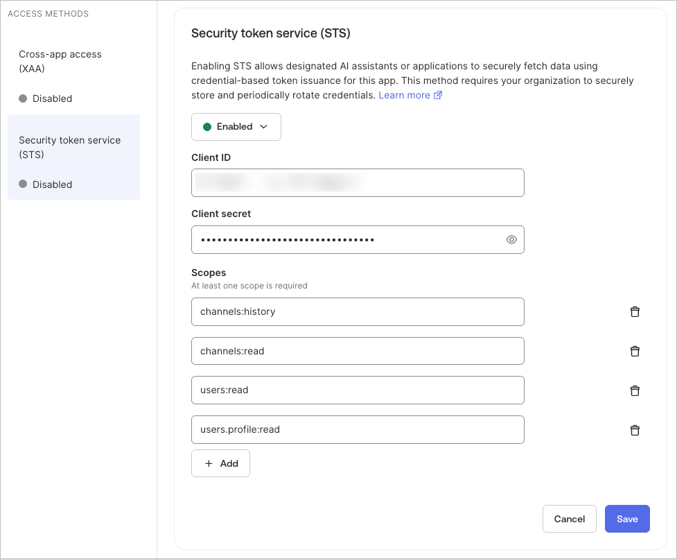 Okta の STS 設定で Slack アプリの Client ID、Client secret、scopes を入力して保存する画面