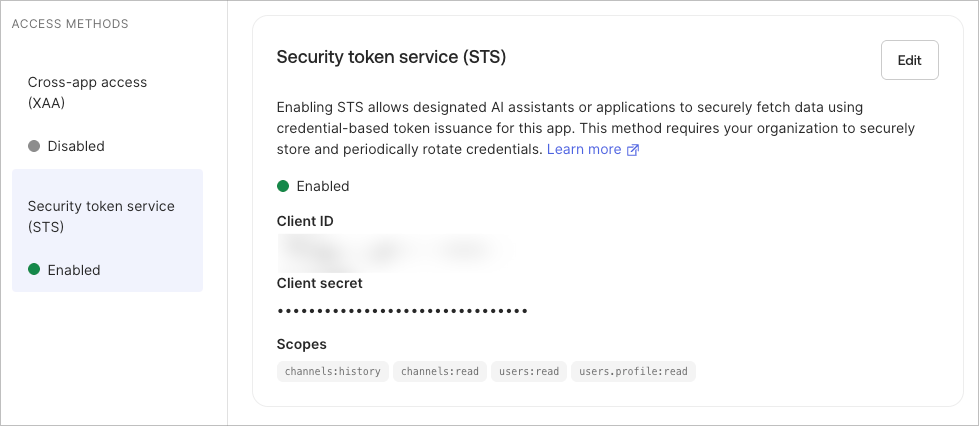 Okta の Resource server 画面で Security token service(STS)が Enabled になっていることを示す画面