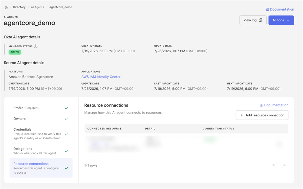 Okta Admin Console の AI Agent 詳細で、Resource connections を表示して接続先を追加する画面