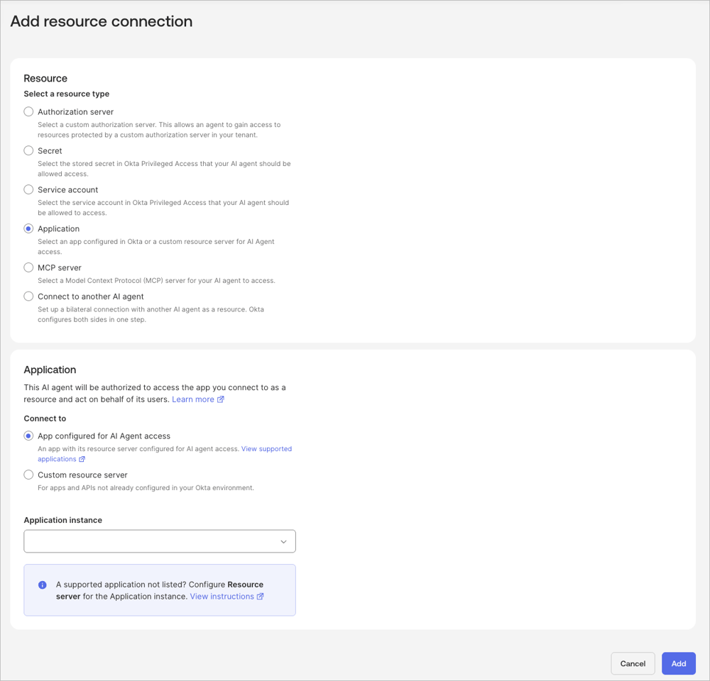 Okta の Resource connection 追加画面で、Resource type に Application、接続方法に AI Agent access 用アプリを選ぶ画面