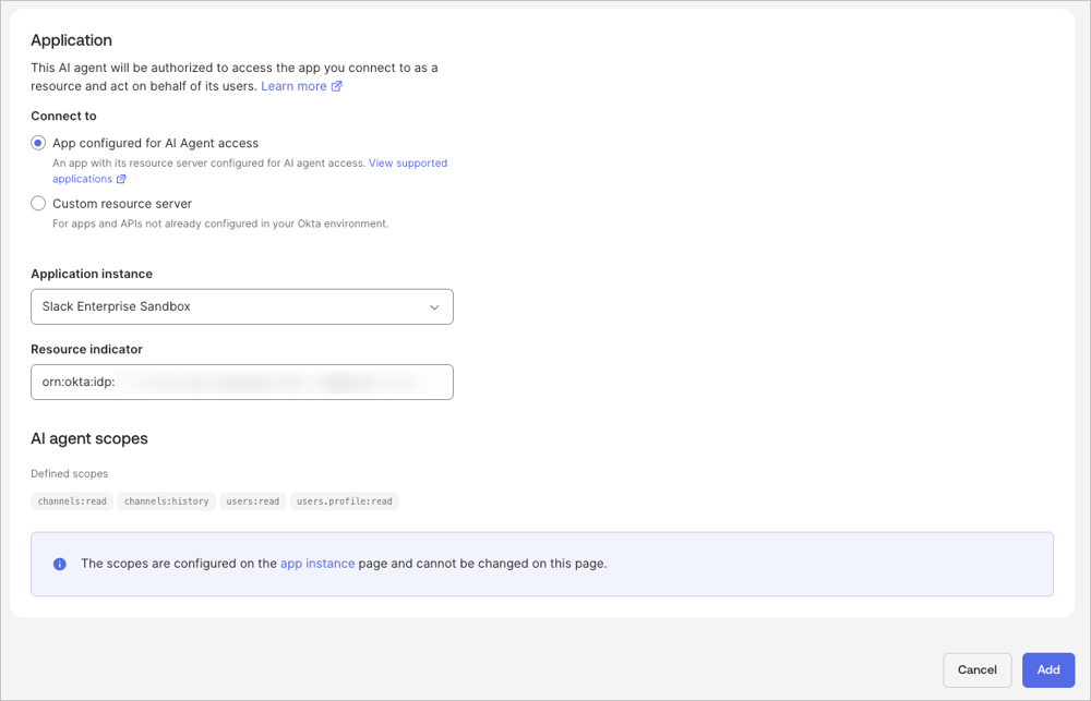 Okta の Resource connection 追加画面で Slack アプリを選択し、AgentCore Runtime に渡す Resource Indicator を確認する画面