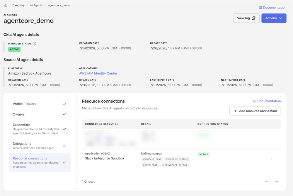Okta の AI Agent 詳細で、Slack が Application の Resource connection として追加されていることを示す画面