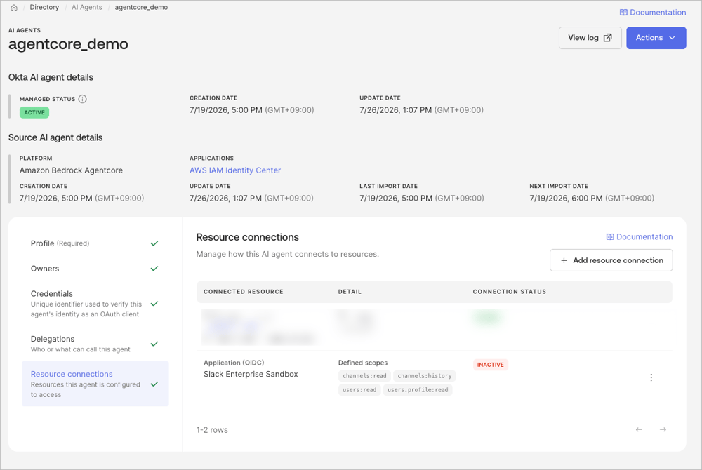 Okta の AI Agent 詳細で Slack Resource connection を INACTIVE に切り替える画面
