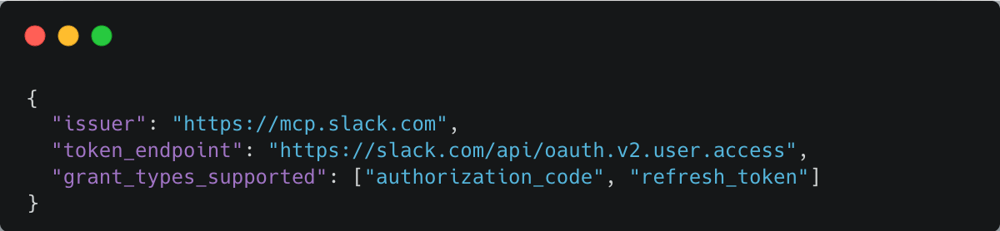 Slack MCP の認可サーバ metadata で、grant types が authorization_code と refresh_token のみであることを確認する画面