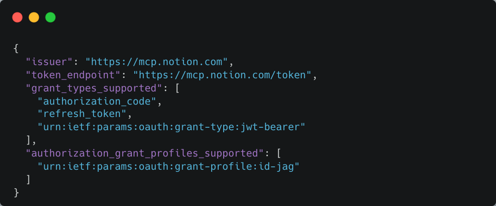 Notion MCP の認可サーバ metadata で、jwt-bearer と ID-JAG に対応していることを確認する画面
