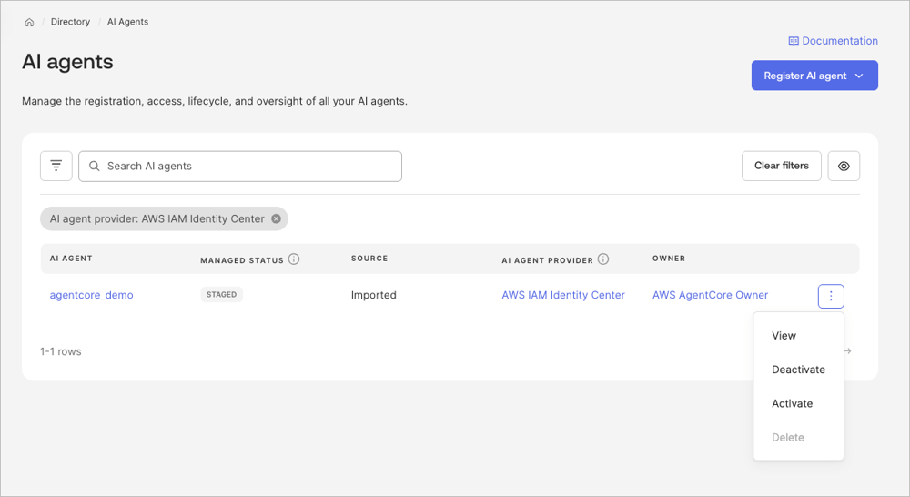Okta Admin Console の AI Agents 一覧で対象エージェントを Activate する操作を示す画面