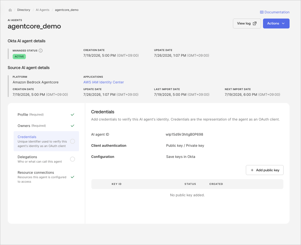 Okta AI Agent の Credentials 画面で Add public key をクリックして鍵追加を開始する画面