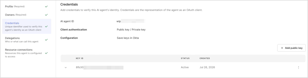 Okta AI Agent の Credentials 画面で公開鍵の追加が完了し、KEY ID などの資格情報を確認できる状態を示す画面 今回の検証では以下の値をエージェントの環境変数として利用します