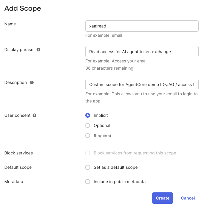 Okta の Custom Authorization Server の Scopes タブで検証用カスタムスコープ xaa:read を追加する画面