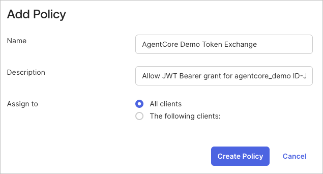 Okta の Custom Authorization Server で Access Policy を作成し、トークン交換用のポリシーを準備する画面