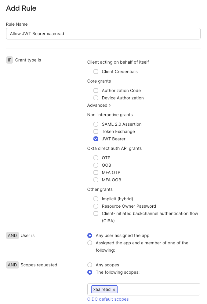 Okta の Access Policy Rule で Grant type に JWT Bearer、Scopes に xaa:read を許可する設定画面