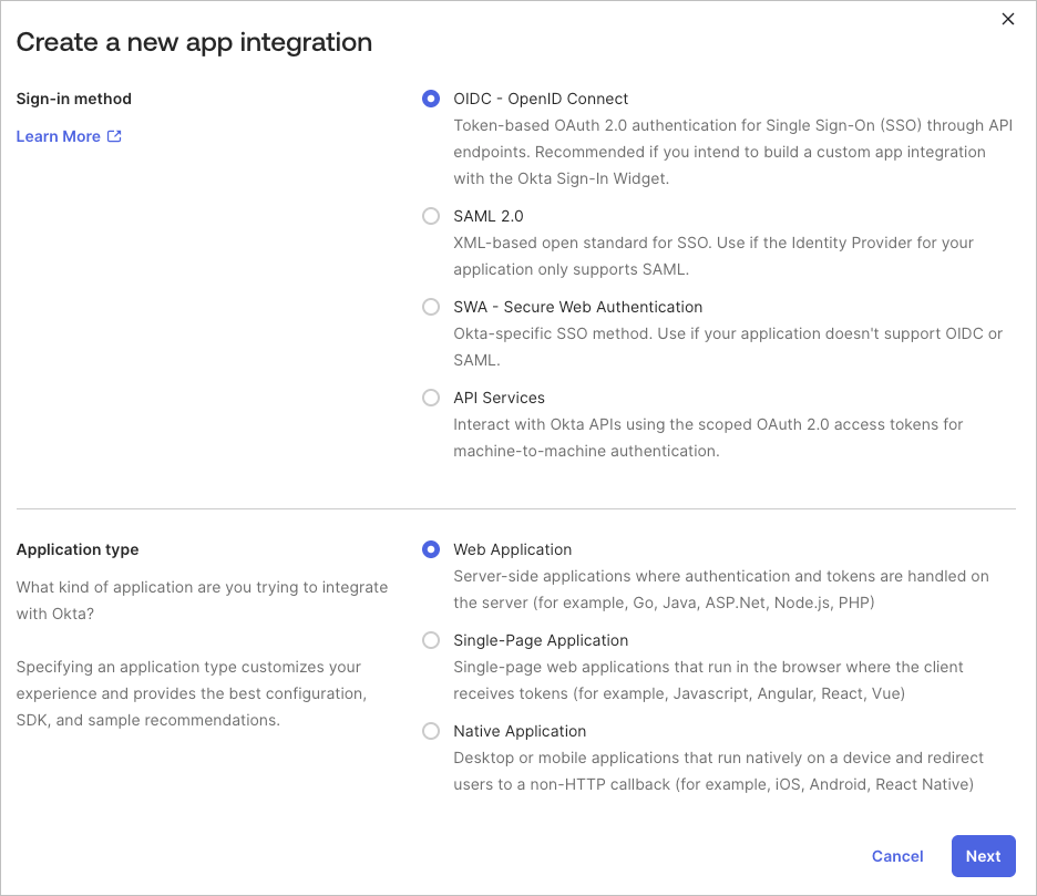 Okta の Create App Integration 画面で OIDC と Web Application を選択し、ログイン用アプリを作成する画面