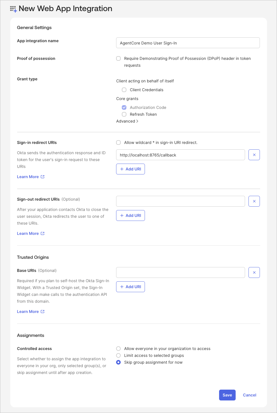 Okta の OIDC Web App 設定画面でローカル検証用のアプリ名やリダイレクト URI を設定する画面