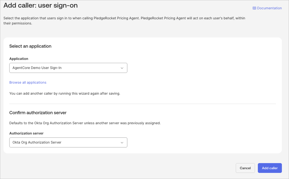 Okta AI Agent の Delegations 設定で OIDC アプリと Confirm authorization server に Org Authorization Server を選択する画面
